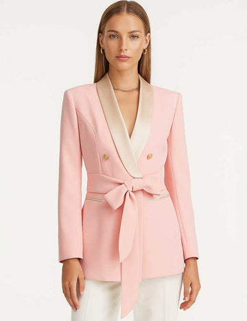 Ladies Solid Color Waist Belt Double Breast Long Blazer