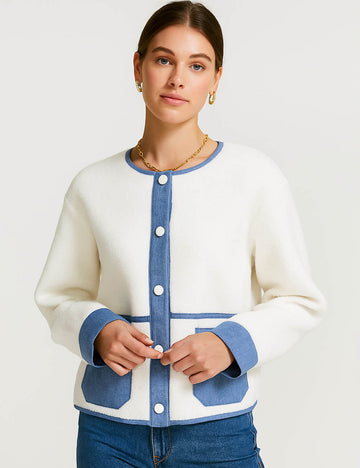 Ladies Color Block Fleece Coat Button Closure Patch Pocket Jacket