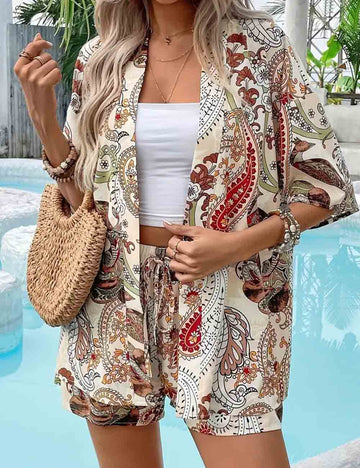 Ladies Graphic Print Short Sleeves Kimono Top & Shorts Set