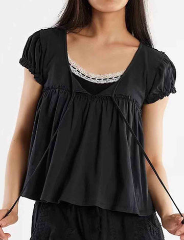 Ladies Solid Color Ruffle Puff Short Sleeves Babydoll Top