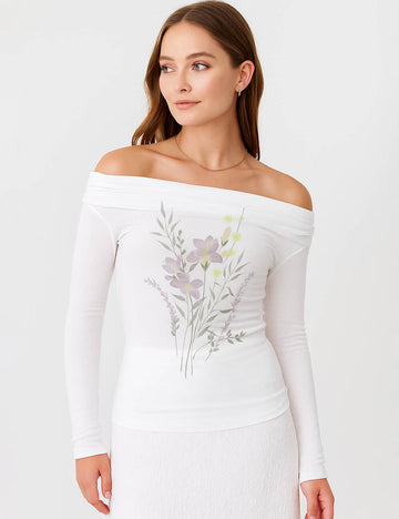 Ladies Floral Print Off-Shoulder Long Sleeves Tee