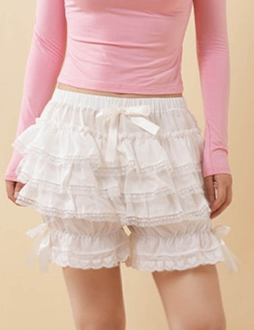 Ladies Color Block Ruffle Lace Bowknots Pumpkin Shorts