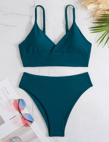 Ladies Basic Solid Color Two Shoulder Bikini Set SKSW40124
