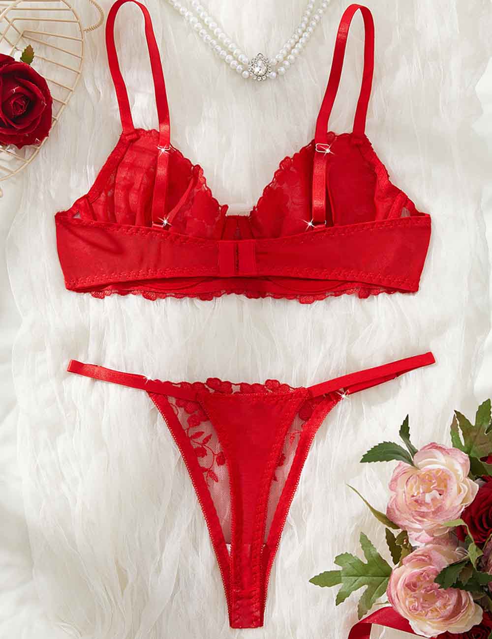 Ladies Sexy Solid Color Embroidery Sheer 2PCS Lingerie Set