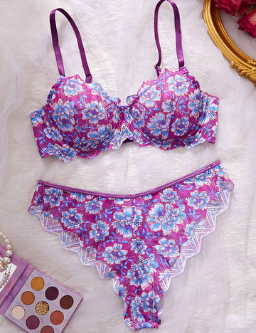 Ladies Sexy Floral Print Lace Edge Lingerie Set
