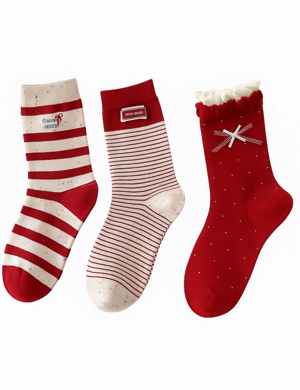 Ladies Color Block Dot Striped Bow Knit Midi Calf Socks