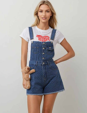 Ladies Polka Dot Teddy Bear Doll Denim Romper