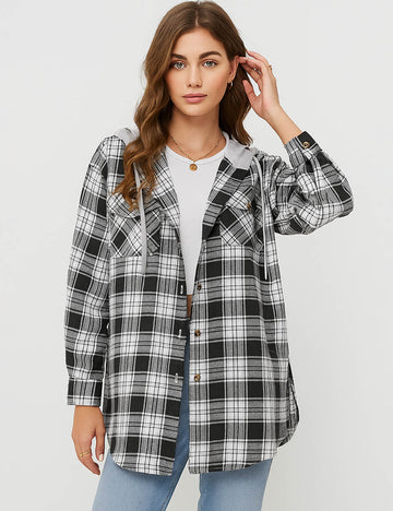 Ladies Plaid Hooded Collar Drawstring Button Down Shirt