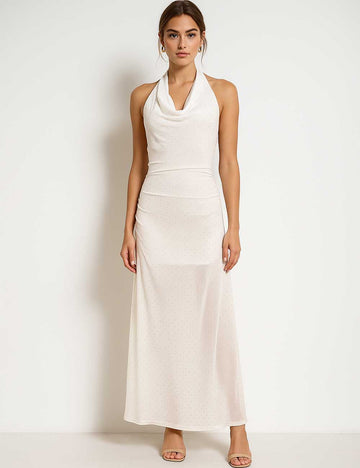 Ladies Rhinestone Halter Cowl Neckline Back Open Midi Dress