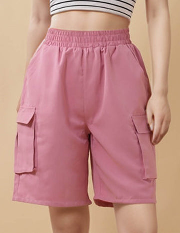 Ladies Solid Color Elastic Waist Pocket Shorts