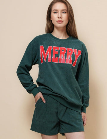 Ladies Merry Christmas Corduroy Top Shorts 2PCS Set SKST4798