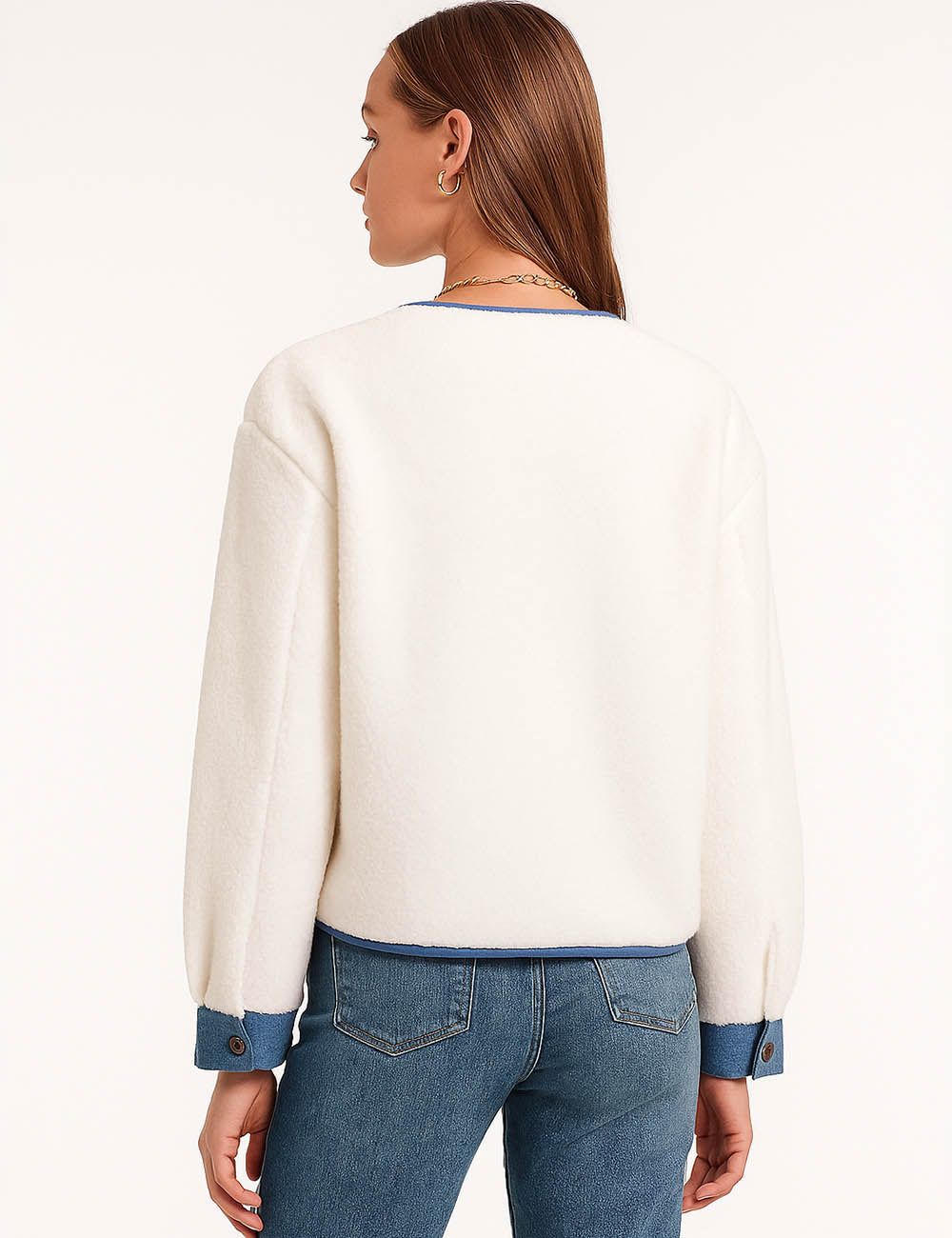 Ladies Color Block Fleece Coat Button Closure Patch Pocket Jacket