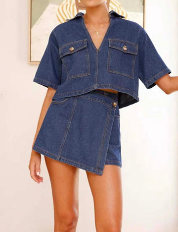 Ladies V-Neck Short Sleeves Button Pocket Top & Skort Denim Set