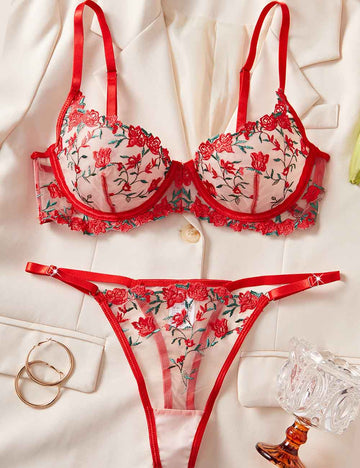 Ladies Sexy Floral Embroidery See Sheer Lingerie Set