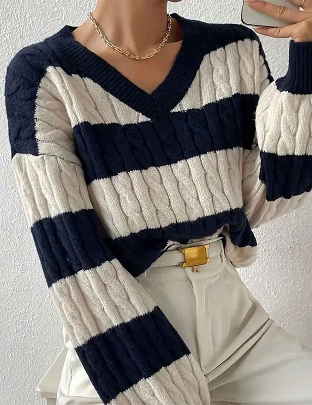 Ladies Striped Color Block V-Neck Long Sleeves Cable Knit Sweater