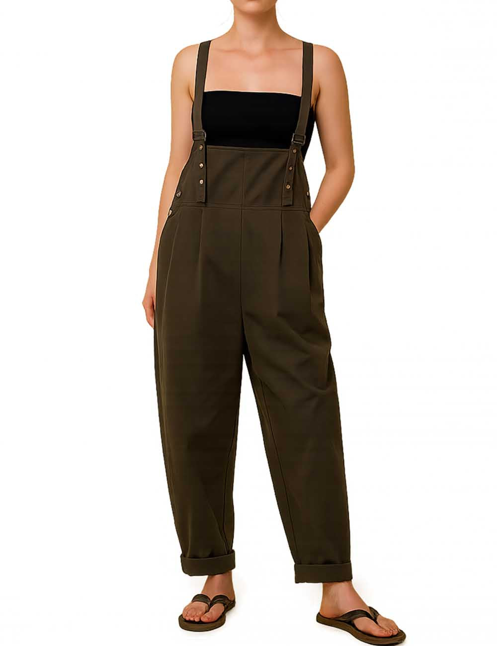 Ladies Solid Color Crossover Strap Shoulder Wide Leg Jumpsuit
