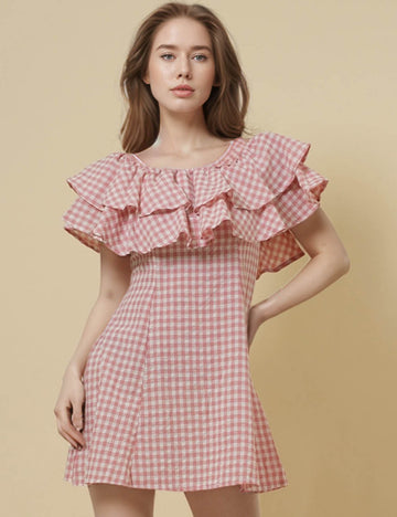 Ladies Off-Shoulder Sleeveless Plaid Print Mini Dress SKD51288