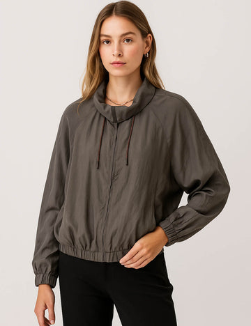 Ladies Stand Collar Long Sleeves Zipper Front Jacket