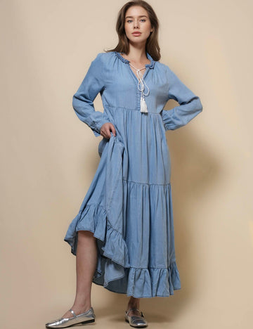 Ladies V-Neck Long Sleeeves Denim Midi Dress SKD50033