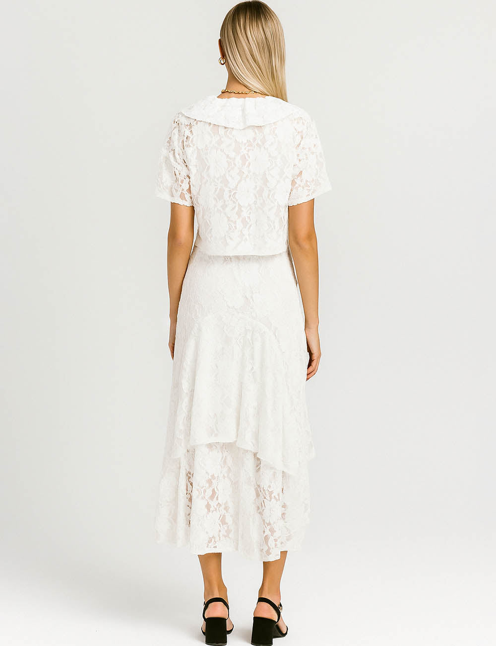 Ladies See Sheer Lace Ruffle V-Neck Top & Skirt Set