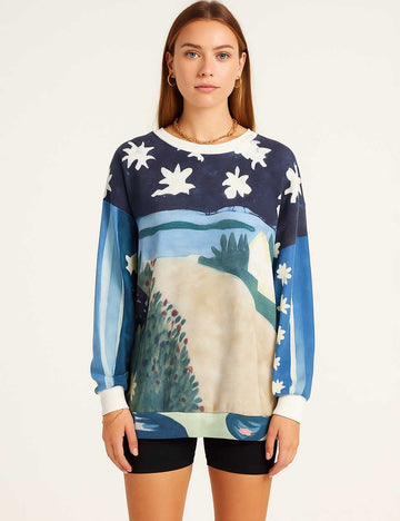 SKTX85 Ladies Color Block Print Cozy Long Sleeves T-Shirt