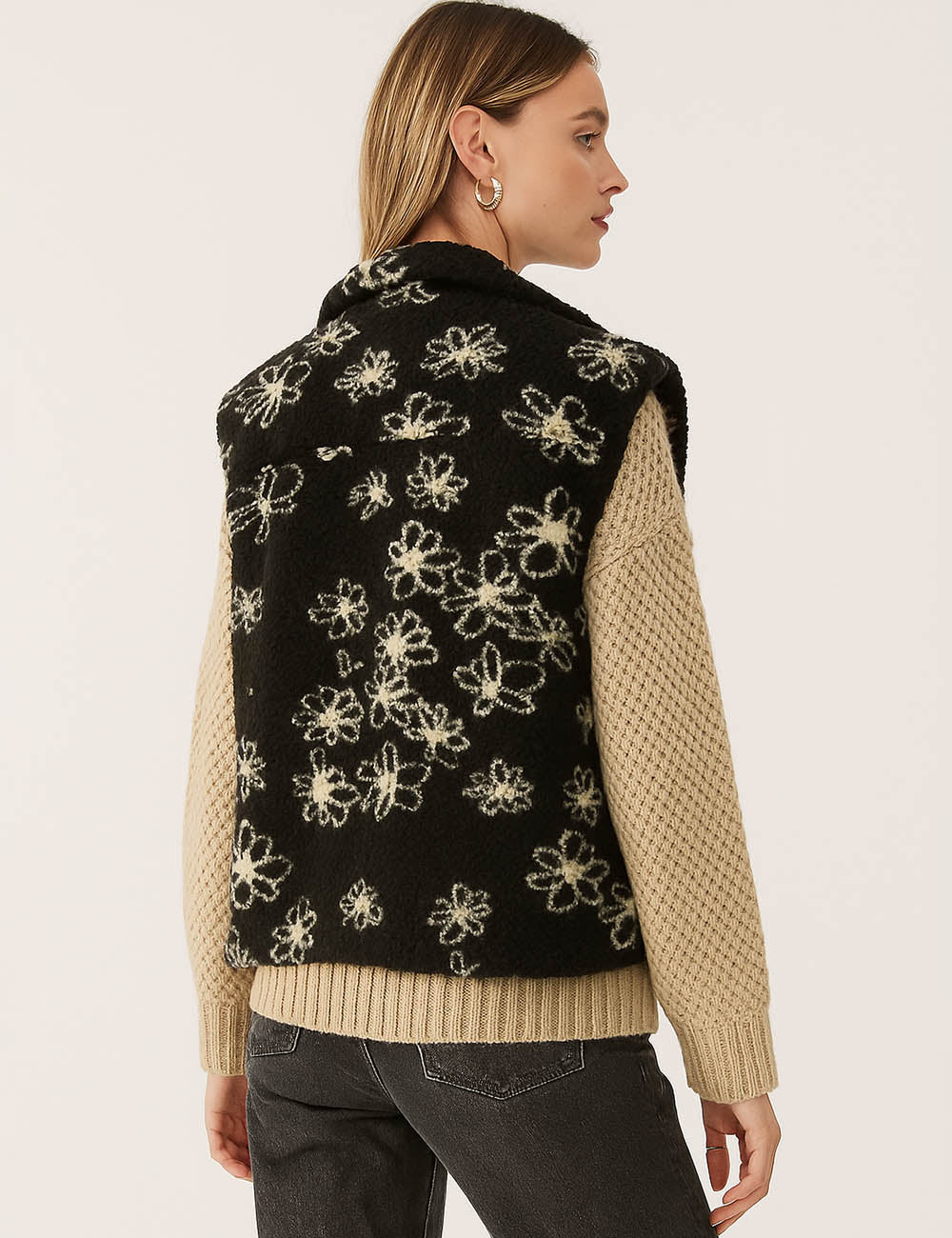 Ladies Sherpa Fleece Floral Pattern Zipper Front Vest Jacket