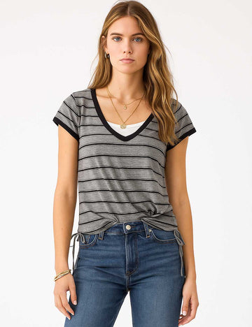 Ladies Striped Flutter Sleeves Drawstring Fake 2PC Top