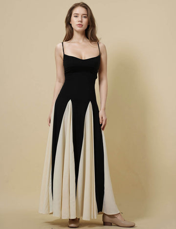 Ladies String Shoulder Color Block Maxi Dress SKD51235