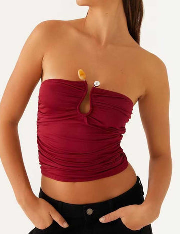 Ladies Solid Color Wrinkle Keyhole Cut Out Tube Top