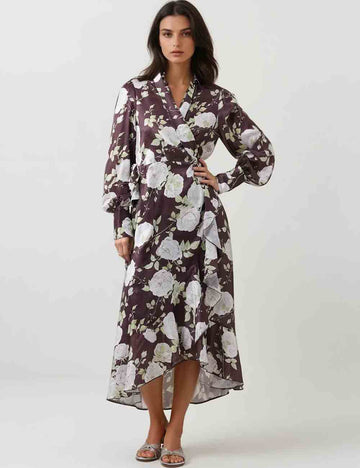 Ladies V-Neck Floral Print Ruffle Wrap Maxi Dress