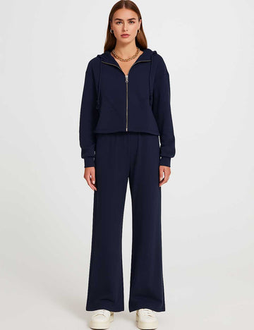 Ladies Hooded Zipper Front Wide Leg Sweatshirt & Pants Set