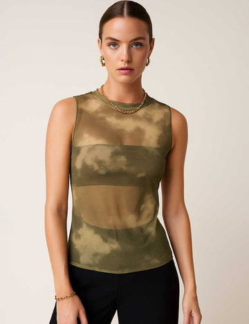 Women Color Block Mesh Clould Sleeveless Layring Tank Top