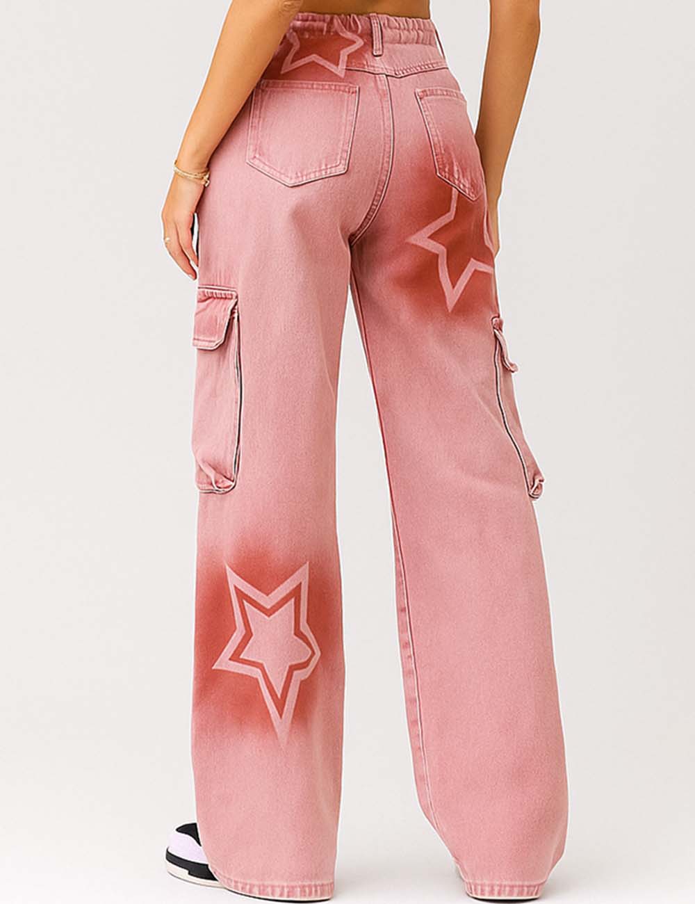 Ladies Star Print Wide Leg Cargo Denim Pants