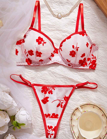Ladies Sexy Mesh Floral Print Thong Panty Lingerie Set