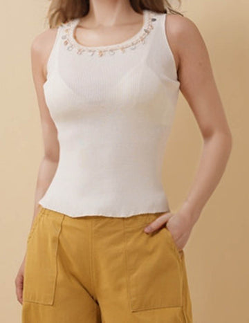 Ladies Solid Color Shell Metal NeckLace Ribbed Tank Top
