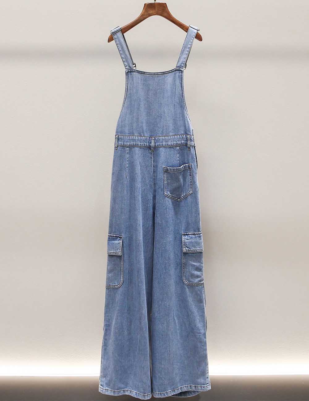 Ladies Strape Shoulder Overall Pocket Wide Leg Denim Jumpsuit