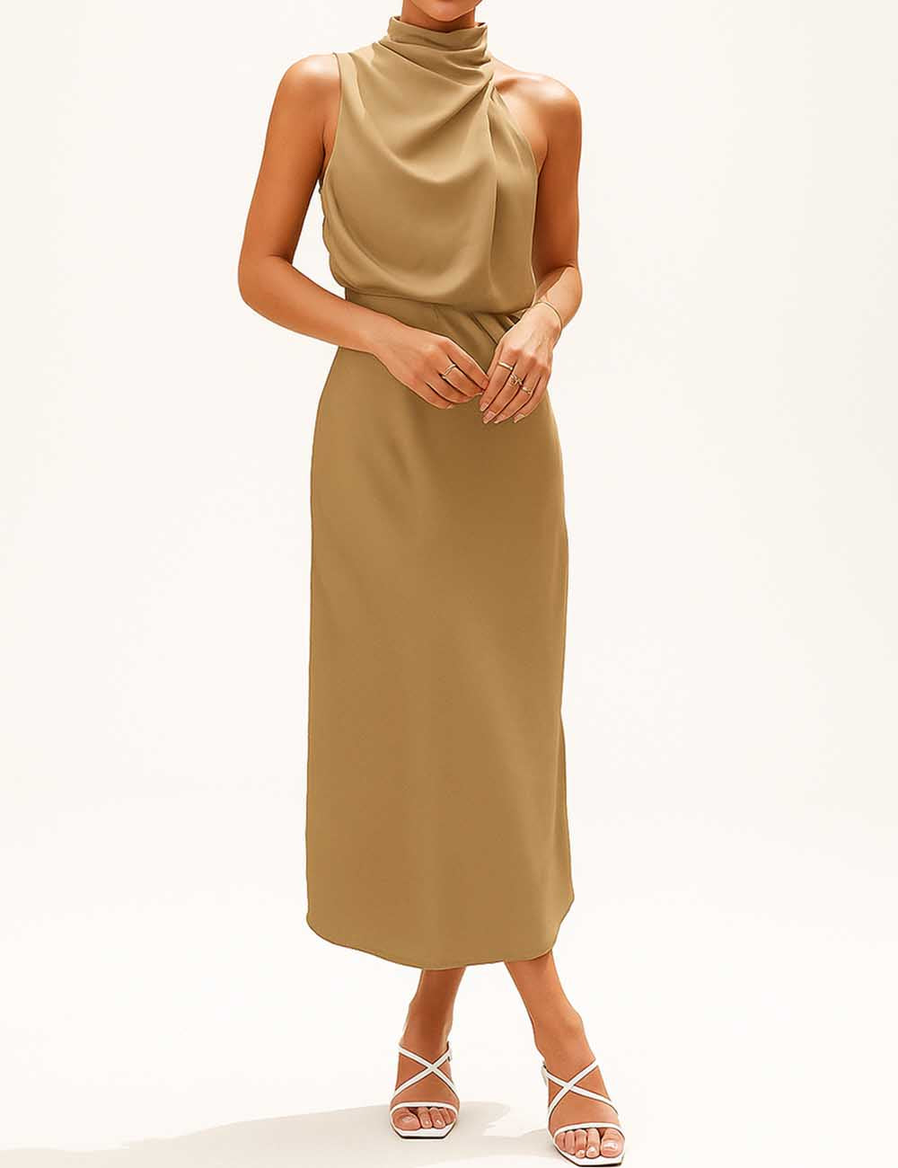 Ladies Satin Mock Neck Sleeveless  Ruched Maxi Dress