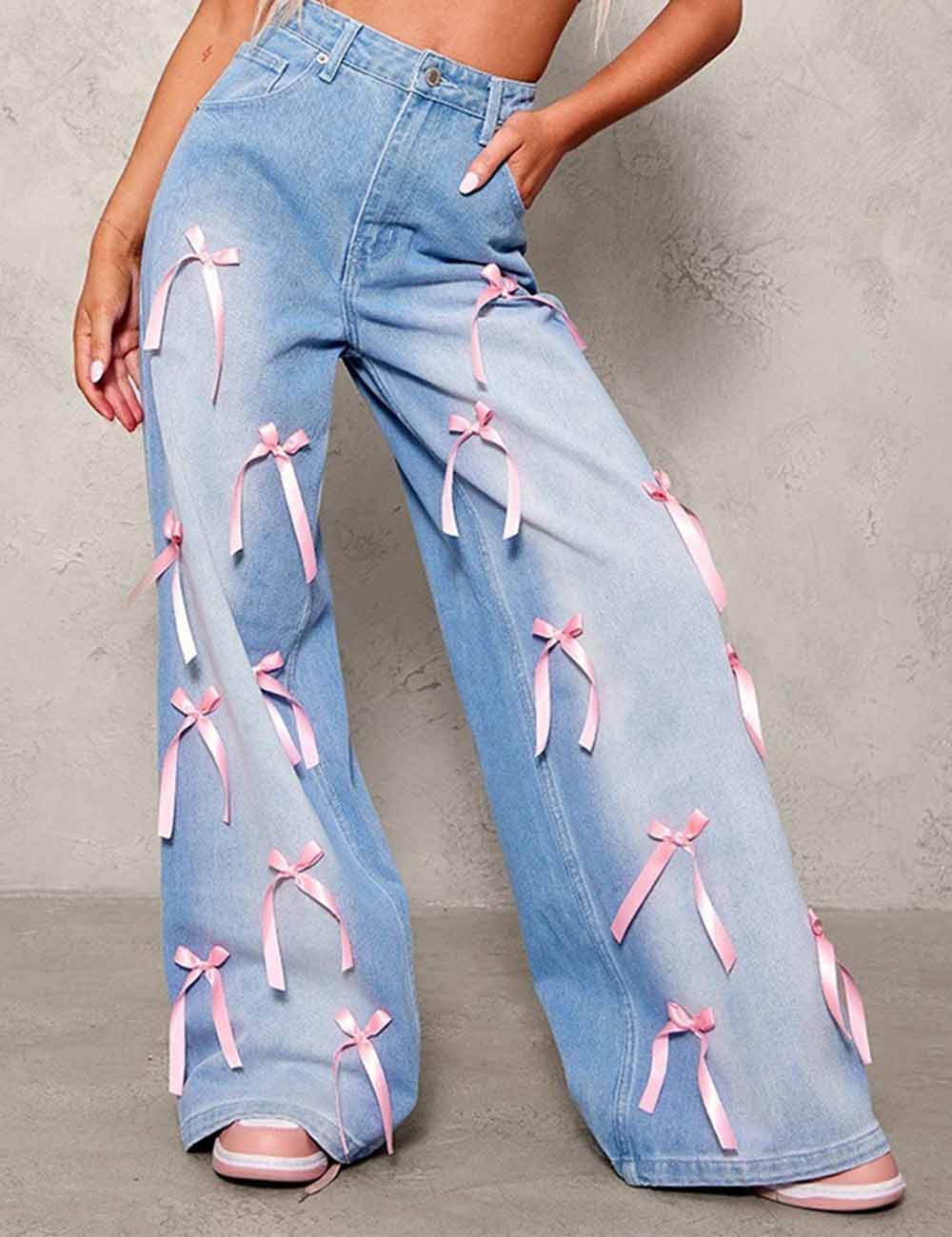 Ladies Color Block Bows Wide Leg Denim Pants