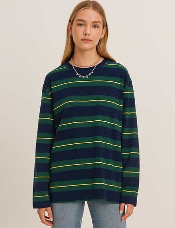8SKT5K105 Ladies Casual Striped Round Neck Pocket T-Shirt