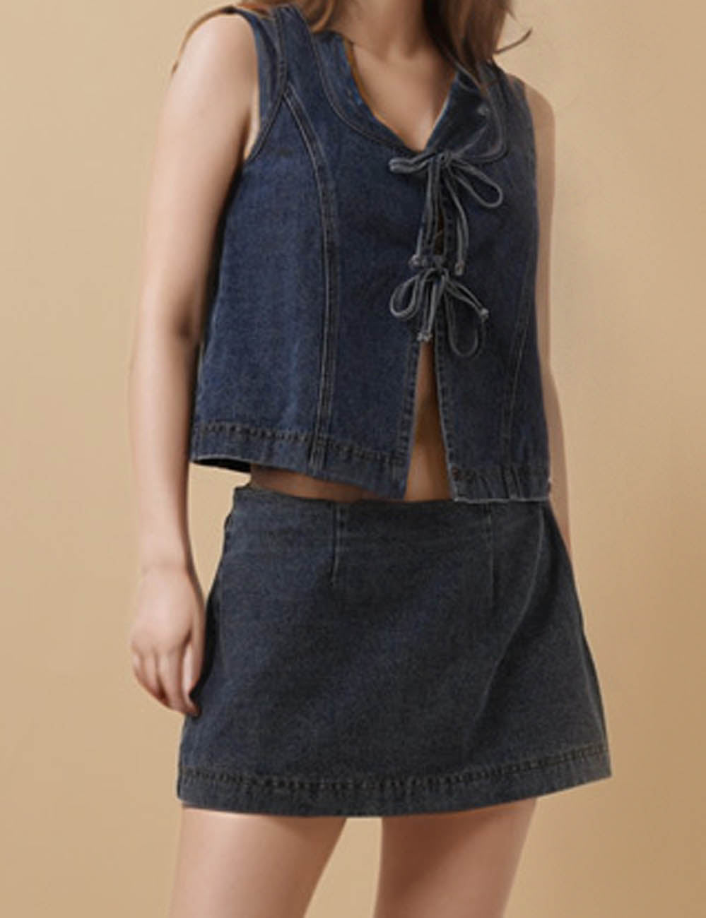 Ladies Sleeveless String Tie Denim Top & Skorts Set 8SKST5M85