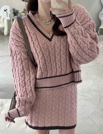 Ladies Color Block V-Neck Long Sleeves Top & Skirt Set