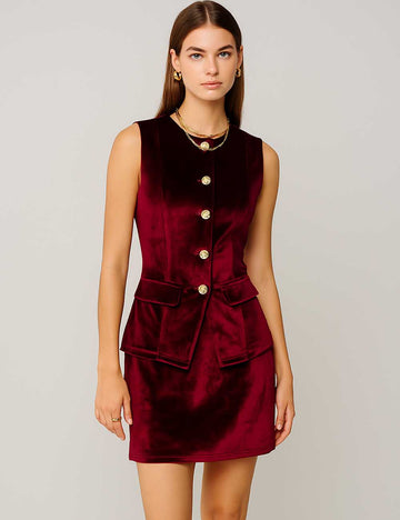 Ladies Chic Velvet Sleeveless Mental Button Top & Skirt Set