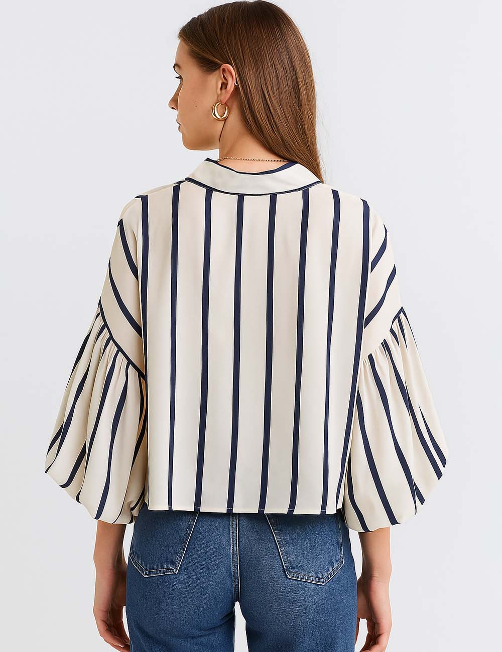 Ladies Striped Puff Sleeves Button Shirt SP068