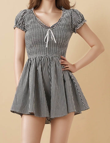 Ladies V-Neck Checked Short Sleeves Smocked Romper 8SKD5M82