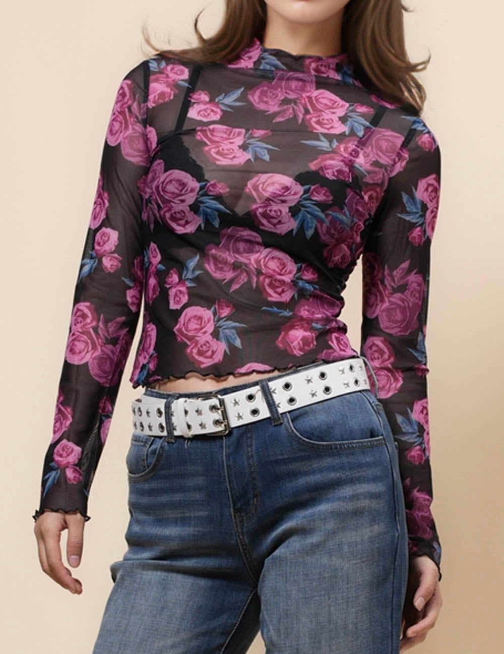 Ladies Floral Print See Sheer Layring Top SKT4999