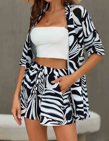 Ladies Zebra Striped Short Sleeves Kimono Top & Shorts Set