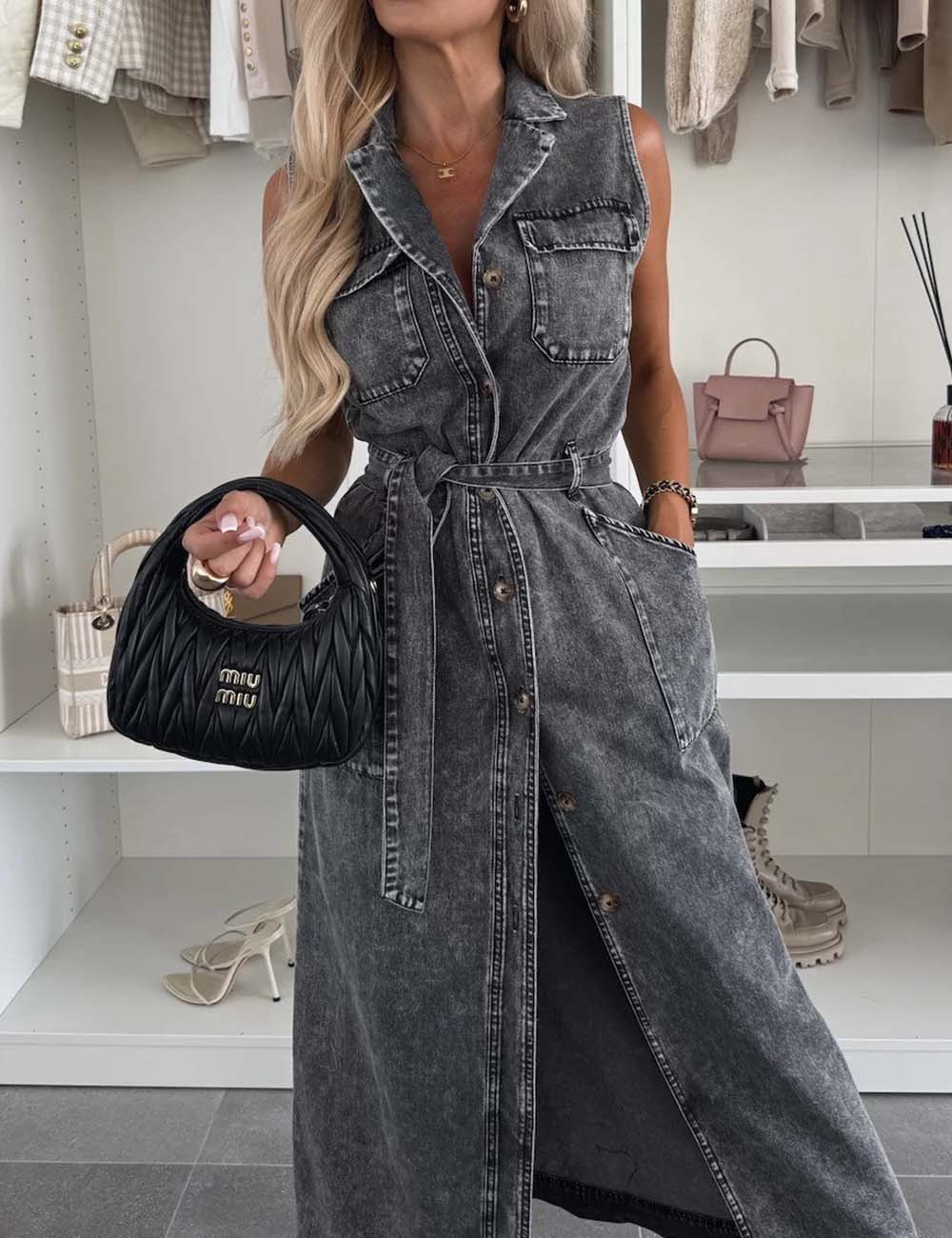 Ladies V-Neck Button String Tie Sleeveless Denim Midi Dress