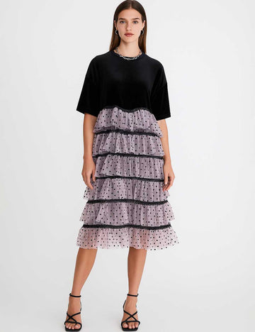 Ladies Velvet Color Block Polka Dot Puff Midi Dress