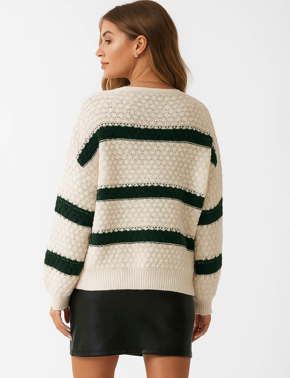 Ladies Chunky Striped Knit  V-Neck Lantern Sleeves Sweater