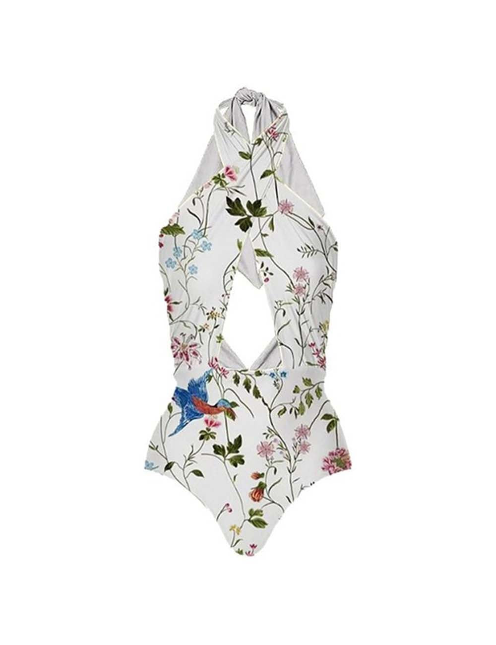 Ladies Floral Print Hollow Out One Piece Swimwear with Salong